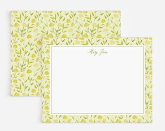 Personalized Stationery Set With Yellow-Green Watercolor Floral Pattern And Border For Spring | Semi-Custom Yellow Flower Note Cards