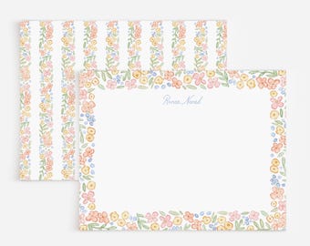 Multicolored Floral Border Personalized Stationery Set With Floral Stripes | Peach And Blue Watercolor Flower Note Card Set With Border