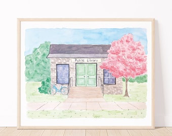 Public Library Watercolor Book Lover Art Print | 8x10 Library Landscape Print