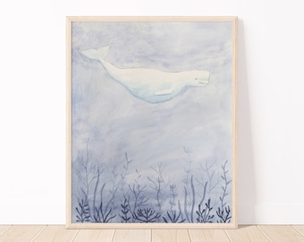 Beluga Whale Watercolor Art Print | 11x14 Sea Life Print | Whale Nursery Art | Nautical Wall Art