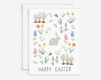 Watercolor Happy Easter Card With Tiny Bunny And Bright Spring Flowers