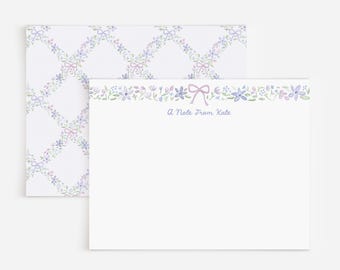 Personalized Stationery Set With Tiny Purple Bows And Floral Lattice Pattern | Semi-Custom Watercolor Flowers Nnote Card Set