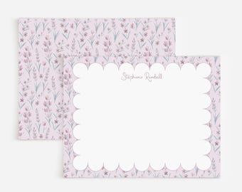 Purple Floral Personalized Stationery Set With Scalloped Border | Semi-Custom Note Cards With Tiny Watercolor Flowers