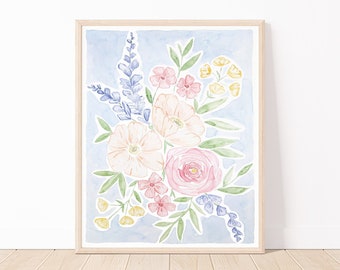 Watercolor Flowers 8x10 Art Print | Multicolored Flowers On Blue Background | Pastel Flowers Watercolor Print