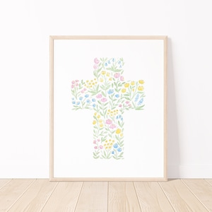 Pastel Floral Watercolor Cross Art Print | Christian Wall Art | Watercolor Flowers Easter Art | Christian Nursery Art