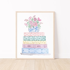 Watercolor Book Stack 8x10 Art Print With Colorful Vintage Books And Flowers