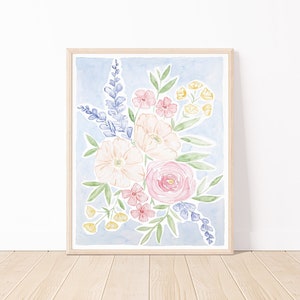 Watercolor Flowers 8x10 Art Print | Multicolored Flowers On Blue Background | Pastel Flowers Watercolor Print