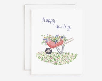 Happy Spring Seasonal Greeting Card With Watercolor Wheelbarrow And Flowers