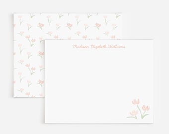 Personalized Stationery With Tiny Peach Watercolor Flowers | Spring Note Card Set | Baby Girl Stationery