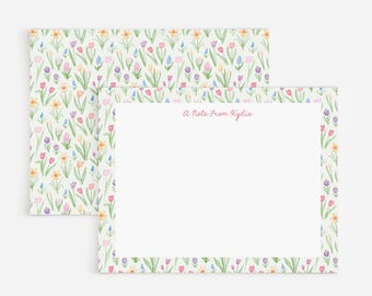Spring Flowers Personalized Watercolor Stationery Set | Note Cards With Tulips, Daffodils, And Hyacinths | Easter Stationery