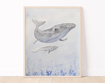 Humpback Whales Watercolor Art Print | 11x14 Print Mom And Baby Whales | Whale Nursery Art | Nautical Wall Art