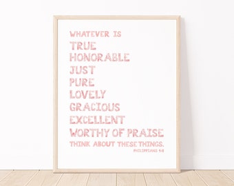 Philippiens 4: 8 impression d'art de verset de la Bible | Art mural chrétien « Quoi qu'il en soit » | 11 x 14 versets bibliques aquarelle floraux en rose ou bleu
