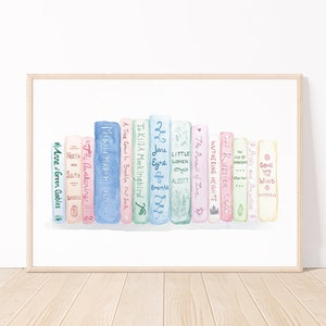 Classic Books By Women Literary Watercolor Art Print | Colorful Bookshelf Art | Classic Literature Watercolor Print