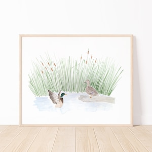 Ducks And Cattails Watercolor Art Print | Mallard Duck Painting | Lake House Art Print | Duck Nursery Art | Duck Pond Painting