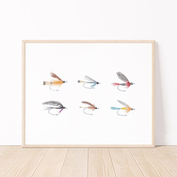 Lámina artística de acuarela con moscas para la pesca de truchas / Arte para casas de lago / Pintura de señuelos de pesca