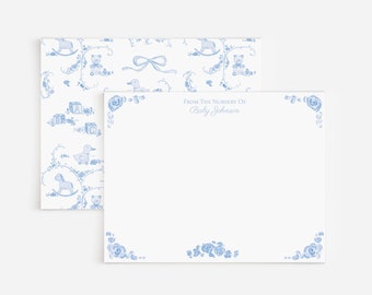 Baby Toile Personalized Nursery Stationery | Custom Baby Stationery | Teddy Bear Note Cards | Floral Watercolor Baby Notecards