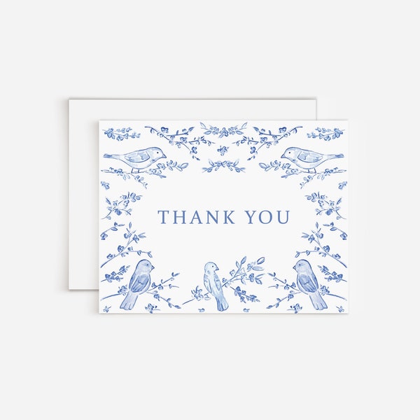 Blue Chinoiserie Birds Thank You Card | Watercolor Card | Grandmillenial Thank You Card | Feminine Thank You Card | Blue Thank You Card Set