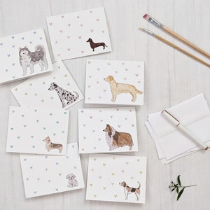 Set Of 8 Assorted Watercolor Dog Greeting Cards With Tiny Hearts | Dog Lover Note Card Set