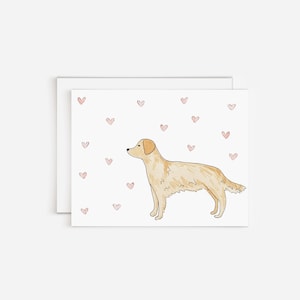 Golden Retriever Watercolor Greeting Card With Tiny Coral Hearts | Blank Inside Dog Card