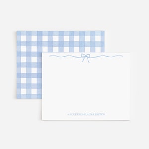 Watercolor Gingham And Bows Personalized Stationery Set | Set Of Flat Note Cards And Envelopes In Pink, Blue, Yellow, Green, Or Purple