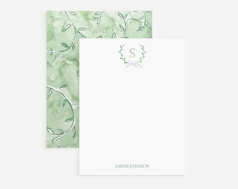 Green Watercolor Personalized Watercolor Stationery Set | Set Of Monogrammed Flat Cards With Green Watercolor Leaves | Green Note Card Set