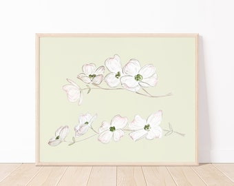 Dogwood Flowers Watercolor Art Print | Floral Tree Branch Painting | Neutral Floral Wall Art | White Flowers Watercolor Print