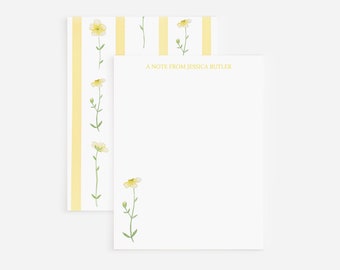Yellow Striped Floral Personalized Watercolor Stationery Set | Light Yellow Buttercups Customized Stationery