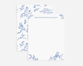 Blue Chinoiserie Birds Personalized Stationery Set | Custom Watercolor Stationery Flat Card Set