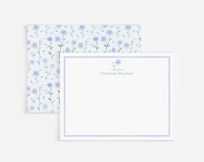 Dainty Blue Watercolor Flowers Personalized Stationery Set | Set Of Pale Blue Customized Flat Note Cards | Light Blue Floral Stationery