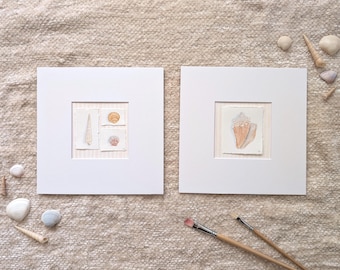 Original Watercolor Seashell Paintings | 8x8 Square Sea Shell Watercolor Paintings | Tiny Original Paintings | Coastal Wall Art