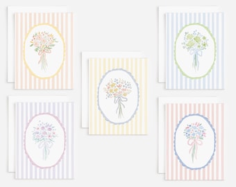 Set Of 10 Watercolor Greeting Cards With Flower Bouquets, Bows, And Stripes | Variety Pack Of Ten Blank Inside Floral Striped Greeting Cards