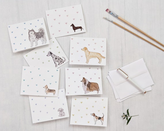 Set Of 10 Assorted Watercolor Dog Greeting Cards With Tiny Hearts | Dog Lover Note Card Set | Variety Pack Of Blank Inside Greeting Cards