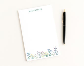 Personalized Notepad With Tiny Blue, Green, And Purple Watercolor Flowers | Lined Or Unlined 8.5x5.5 Notepad