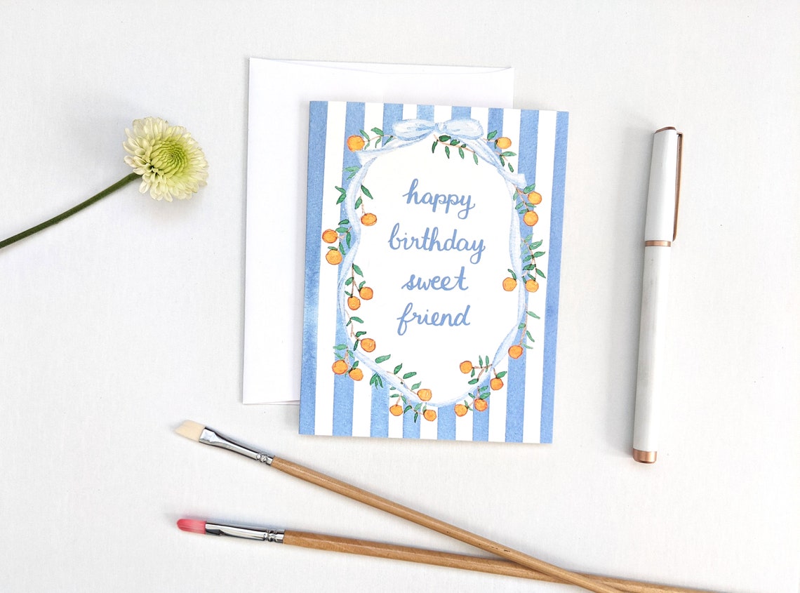 Happy Birthday Sweet Friend Watercolor Greeting Card With Blue Stripes ...