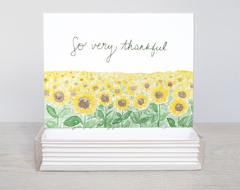 So Very Thankful Yellow Sunflower Watercolor Thank You Cards Boxed Set Of 10 | Blank Inside Thank You Cards | Sunflower Note Cards