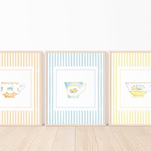 Floral Watercolor Teacup Striped Art Prints | Grandmillenial Teacup Art Print | Colorful Teacup Paintings | Kitchen Art | Vintage Teacup Art