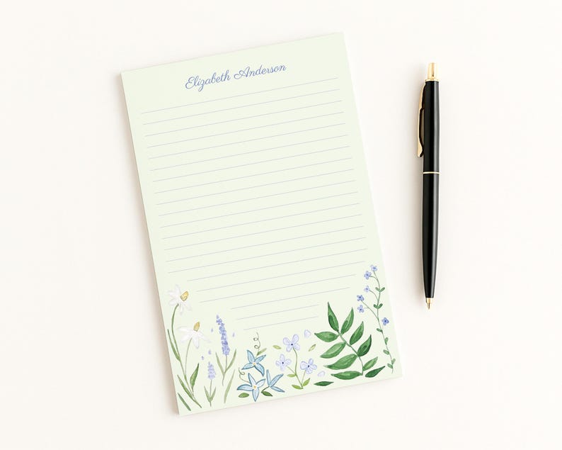 Blue and Green Watercolor Flowers Personalized Notepad | 5.5x8.5 Inch ...
