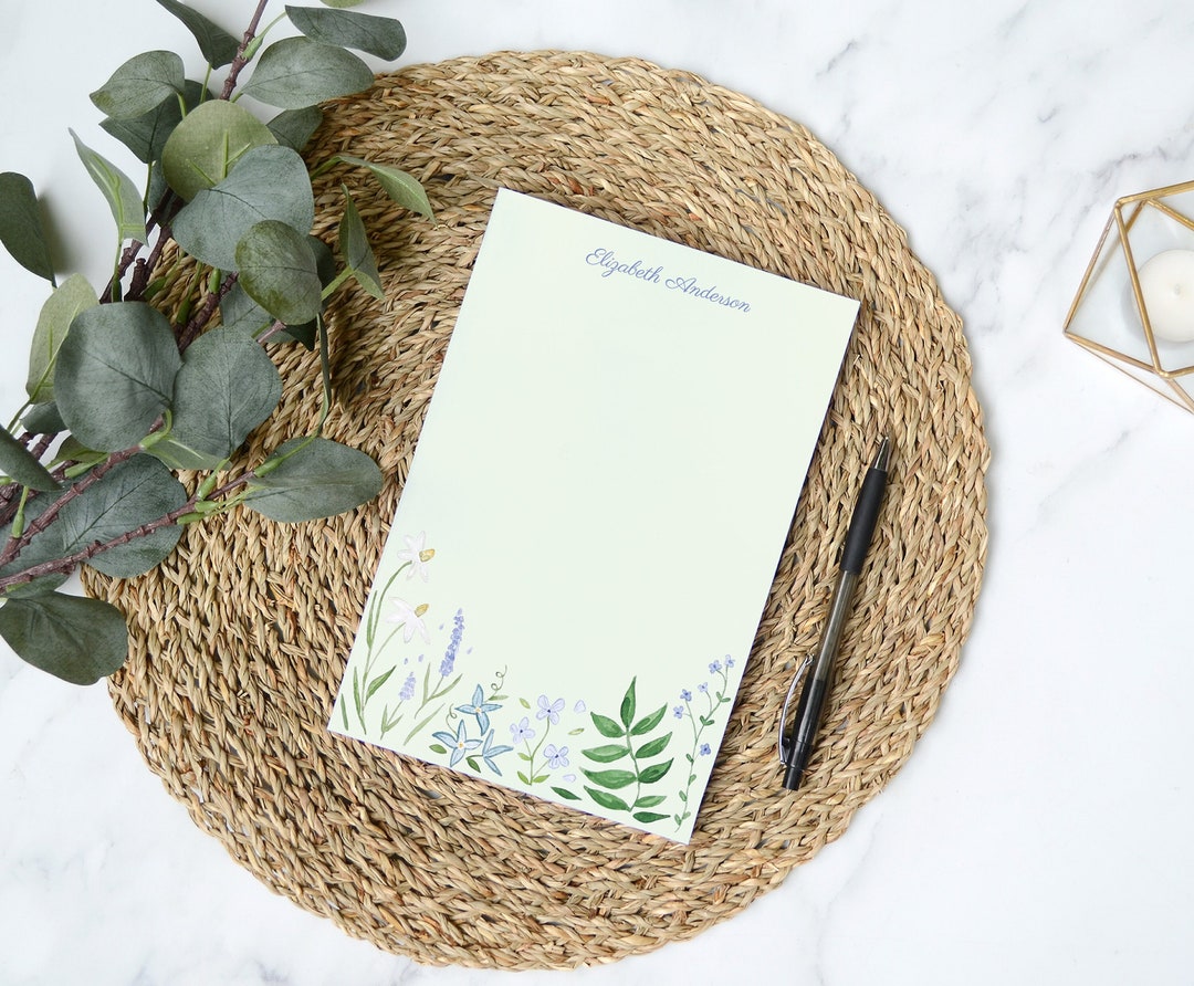 Blue and Green Watercolor Flowers Personalized Notepad | 5.5x8.5 Inch ...