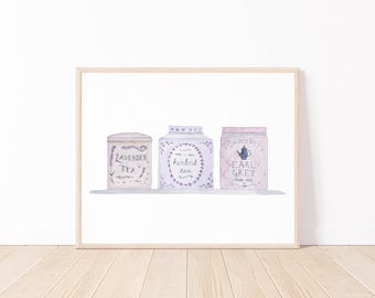 Purple Tea Tins Watercolor Art Print | Purple Kitchen Art 8x10 | Tea Lover Art Print | Herbal Tea Painting | Earl Grey Tea Painting