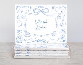 Baby Toys Toile Thank You Cards | Set Of Ten Folded Blank Inside Thank You Notes With Bows And Toile Pattern | Baby Shower Thank You Cards