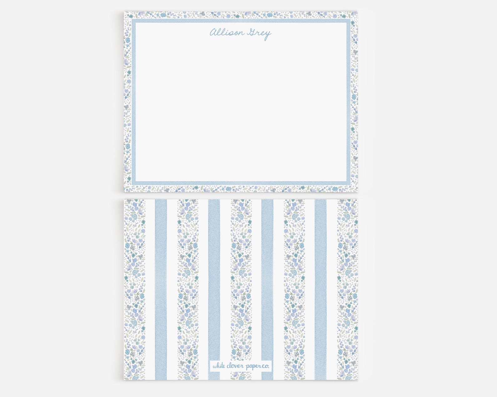 Personalized Stationery With Blue Floral Stripes and Watercolor Floral ...