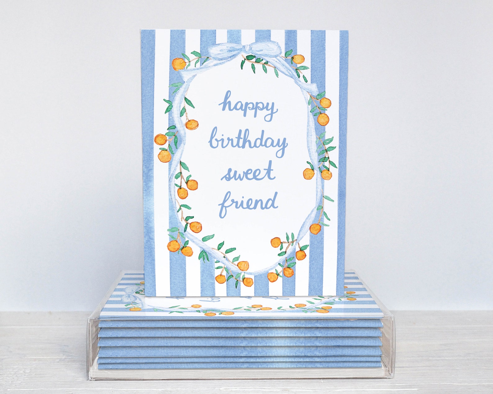 Happy Birthday Sweet Friend Watercolor Greeting Card With Blue Stripes ...