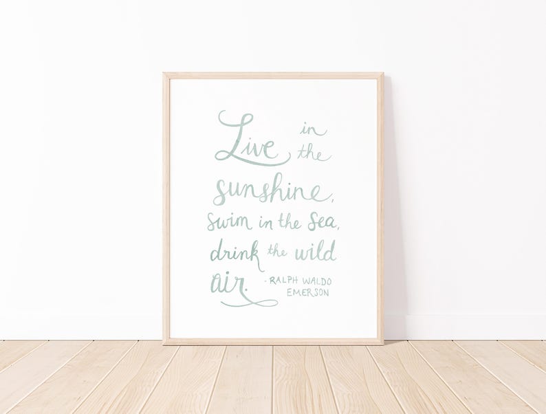 May include: A framed print featuring the quote "Live in the sunshine, swim in the sea, drink the wild air" by Ralph Waldo Emerson in light blue script. The frame is light wood, set against a white background.