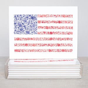 Floral American Flag Greeting Card Set Of 10 | Ten Blank Inside Greeting Cards For July 4th | Independence Day Cards | Patriotic Cards