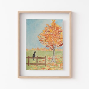 Black Cat And Autumn Trees Watercolor Art Print | Fall Wall Art Décor | Halloween Cat Watercolor Painting | Autumn Cat Print