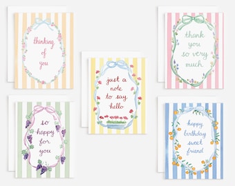 Variety Pack Of 10 Striped Greeting Cards With Bows For All Occasions | Assorted Blank Inside Folded Grandmillenial Watercolor Note Cards