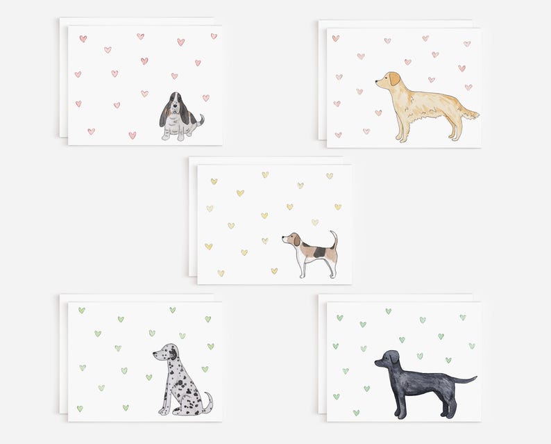 Lot de 10 cartes de voeux aquarelles assorties pour chien avec petits coeurs | de correspondance pour amoureux des chiens | Variété de cartes de voeux vierges à l'intérieur image 2