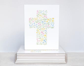 Floral Cross Christian Greeting Card Box Of 10 | Set Of Ten Pastel Watercolor Cards For Baptism, First Communion, Confirmation, Or Easter