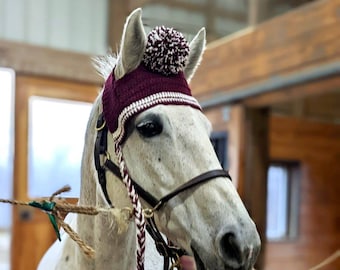 May include: A white horse wearing a burgundy and white knitted ear bonnet with a white pom-pom on top. The horse is wearing a brown leather halter and a white and burgundy braided rope.