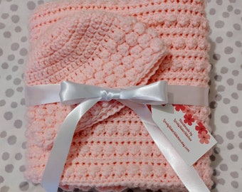 Crocheted baby blanket and hat